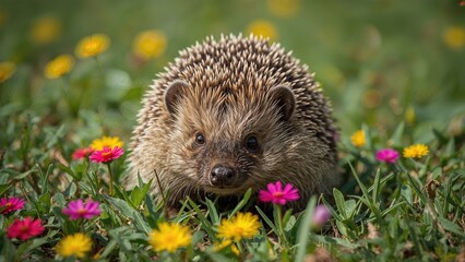 Detailed image of a wild hedgehog at the start of spring, awakening from hibernation with bright flowers around, scientific classification Erinaceus europaeus, facing forward. Horizontal format with