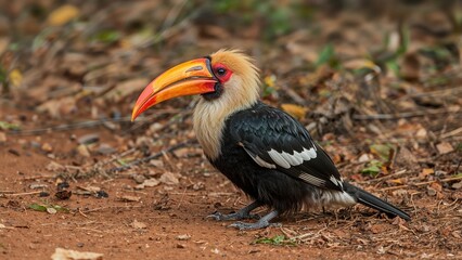 Obraz premium Close-up of a rare hornbill perched on the earth with a brown backdrop.