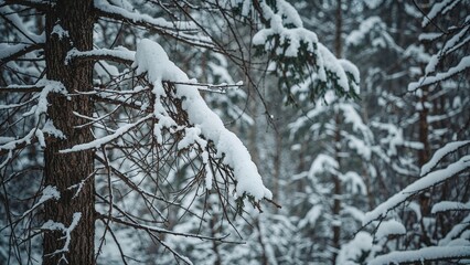 Zoomed-in shot of icy branches coated with fresh snow in a tranquil forest.