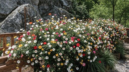 Lush floral displays drape over stone surfaces, accented by a wooden barrier and verdant plants, highlighting a stunning nature setting.
