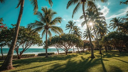 Obraz premium Bright, clear sky over a verdant garden along the ocean shore