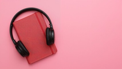 Bird's eye view of a ruby-colored diary and headphones positioned on a soft pink background with ample copy space. Represents podcast or audiobook ideas.
