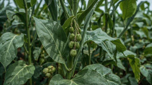 Macro shot of soybean leaves thriving in a cultivated area. Development of soy plants in farmland. Ideas related to sustainability, monocropping, habitat protection, forest removal, and crop