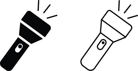 Hand torch flashlight set, black vector collection of electric lantern group in flat and line style, portable light, battery lamp, emergency beam outline, glowing tool icon bundle