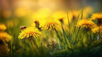 The vibrant dandelions attract a busy bee in a sunny garden scene.