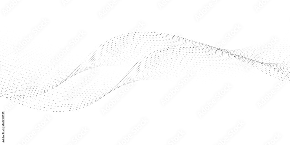 Poster dynamic particle waves in a halftone gradient form a flowing dot curve against a white backdrop, emb