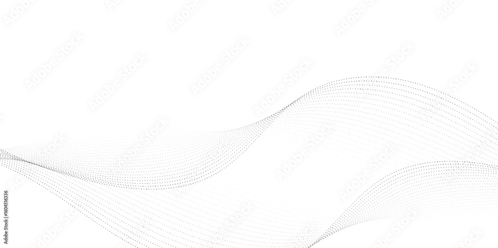 Poster dynamic particle waves in a halftone gradient form a flowing dot curve against a white backdrop, emb