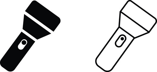 Hand torch flashlight set, black vector collection of electric lantern group in flat and line style, portable light, battery lamp, emergency beam outline, glowing tool icon bundle