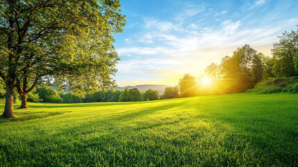 A serene, green meadow with a tree and a sun setting in the background.