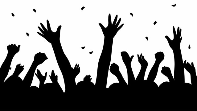 Silhouette of a crowd with raised hands and confetti falling in a black and white illustration style image