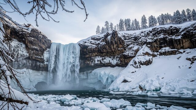 Snow-covered waterfall in cold season