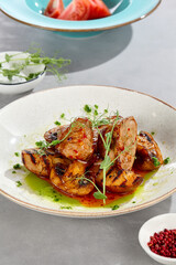 Pork medallions with sweet chili sauce, grilled potatoes, and mushrooms, bright mood, closeup composition