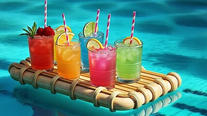 Refreshing colorful cocktails served on a floating wooden tray in a crystal-clear swimming pool, creating a perfect summer scene - Powered by Adobe