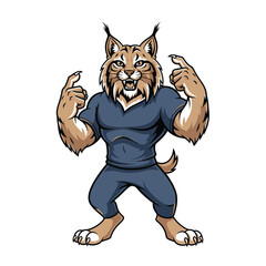 Cartoon lynx mascot in a strong pose, pointing with pride.