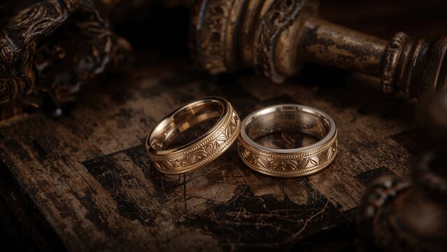 Chessboard scene with a king, queen, and two wedding rings