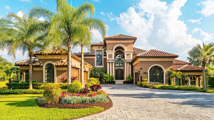 A luxurious Mediterranean-style mansion with a grand entrance, surrounded by palm trees and lush greenery, under a clear blue sky with fluffy white clouds.