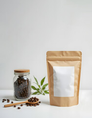 Coffee Packaging Mockup - Kraft Pouch, Beans in Jar & Wooden Spoon