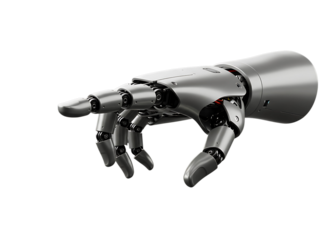 Robotic hand pointing forward with articulated fingers isolated on transparent background