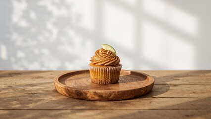 Wooden platters displaying apple bread cupcakes with bright natural light and plain white background