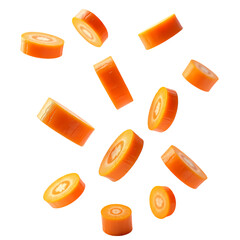 Sliced carrots falling down isolated on transparent background