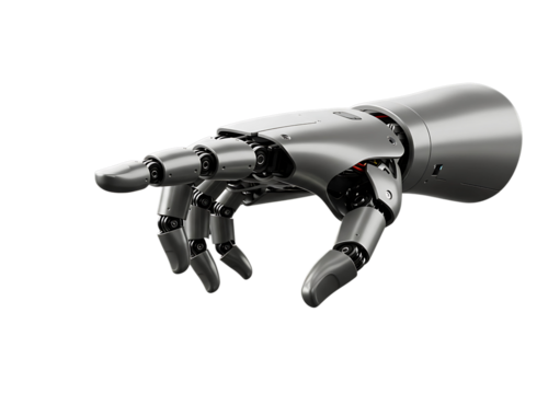 Robotic hand pointing forward with articulated fingers isolated on transparent background