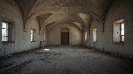 Obraz premium Abandoned interior of a large room with arched ceilings, empty walls, wooden door, and dirty floor illuminated by natural light from windows