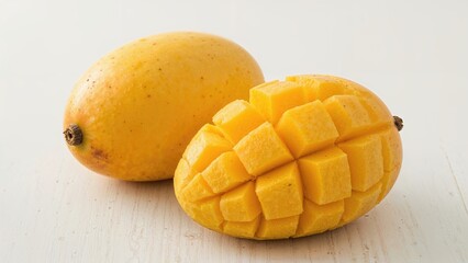 Pair of ripe mangoes on a bright surface, close-up shot