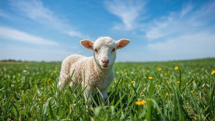 Charming baby lamb resting in a vibrant meadow with clear sunny weather overhead
