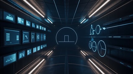Futuristic corridor with glowing screens and digital displays interior technology