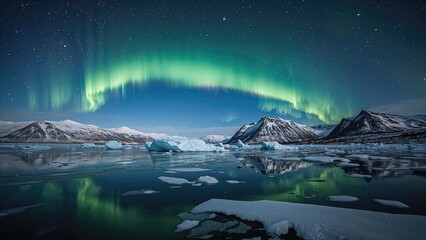 Naklejka premium Winter scenery featuring shimmering aurora and frozen coastal waters under starry sky