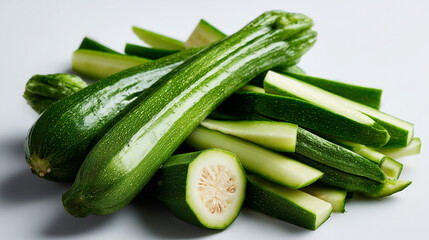 Fresh young green zucchinis whole and cut into sticks on white background
