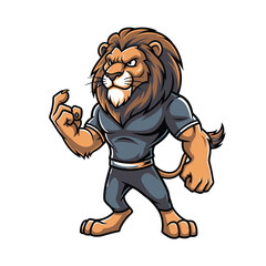 Muscular lion cartoon character in athletic wear, flexing, confident pose.