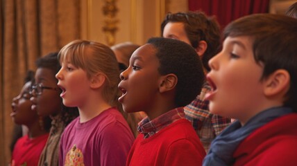 Fototapeta premium Group of happy children singing together with expressive faces