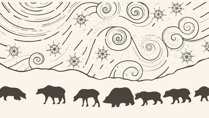 Fototapeta premium Silhouette of bears walking under a swirling sky with snowflakes and falling snow design element drawing