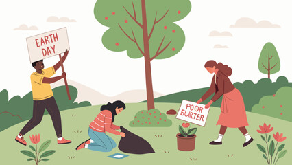 Earth Day celebration vector with people holding signs planting trees and participating in environmental volunteer events




