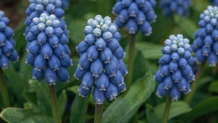 Macro Image of Bicolor Muscari Aucheri 'Mount Hood' Displaying Rounded Blue Blossoms with White Tips and White Florets in Early Spring