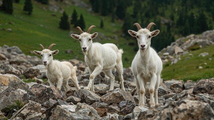 Obraz premium Juvenile goats navigating a rugged terrain