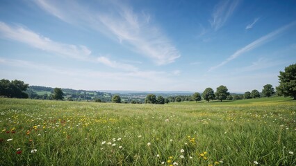 Open grassy grounds with far-off countryside views under a spotless sky, crafted through AI generation