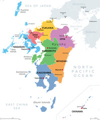 Fototapeta premium Kyushu region of Japan, multi colored political map. Third-largest island of Japan, consisting of the seven prefectures Fukuoka, Kumamoto, Nagasaki, Oita, Saga, Kagoshima, Miyazaki, and Okinawa.