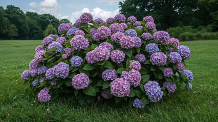 A lively hydrangea plant features a blend of purple, pink, and blue flowers, positioned against a green scenery with trees and lawn, under a sky with partial cloud cover.