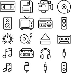 Collection of vintage and modern audio visual technology icons in a grid layout