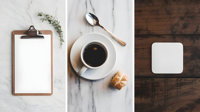 Flat lay mockup clipboard coffee and coaster for branding and design presentation template concept