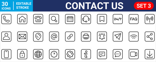 Contact Us web icons in line style. Chat, support, message, phone, globe, point, chat, call, info - stock vector illustration.