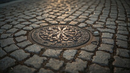 Zoomed-in perspective of cobbled stone surface with circular cover, highlighting design and architectural texture. Ideal background material.