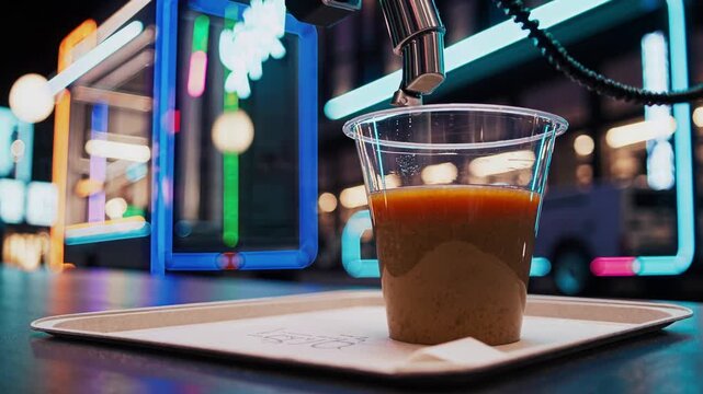 Robotic arm brewing coffee in sleek, neon lit futuristic cafe, showcasing automated precision of advanced beverage technology