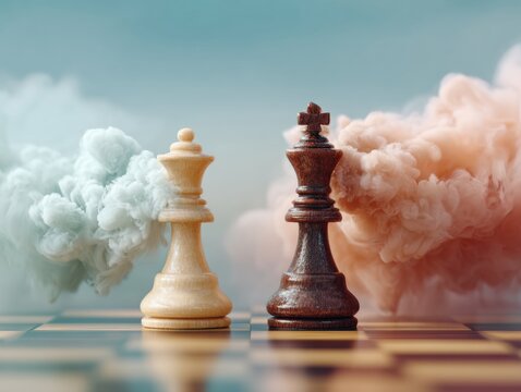 International Chess Day Premium Chessboard Showdown with Dramatic Smoke for Autumn Thanksgiving Marketing Campaigns Inspiring Young Professionals