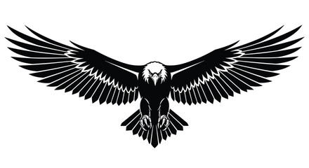 A striking black and white illustration of an eagle with its wings fully extended, talons visible, against a white background.