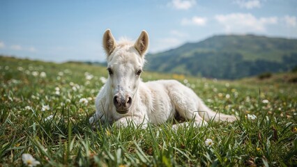 Fototapeta premium Young white foal lying on green grass in mountain pasture under clear blue sky in summer with blooming flowers surrounding it