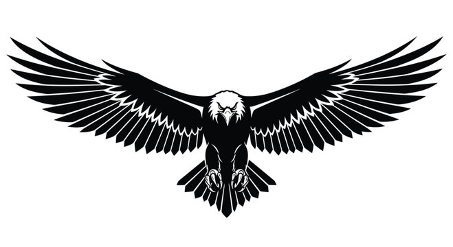 A striking black and white illustration of an eagle with its wings fully extended, talons visible, against a white background.