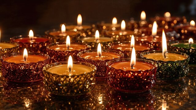 Atmospheric wax lights in bright holders featuring Christmas designs and icy details